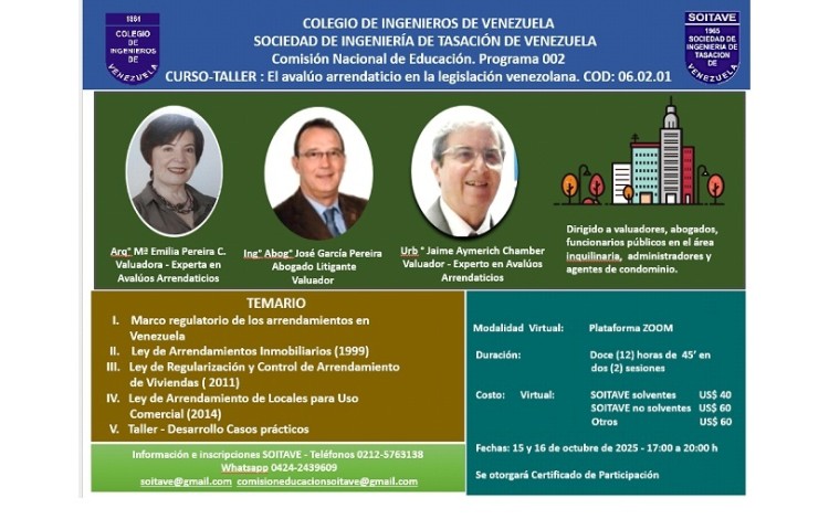 REPROGRAMADO: CURSO AVALÚO ARRENDATICIO - FECHA: 15 Y 16 DE OCTUBRE DE 2025